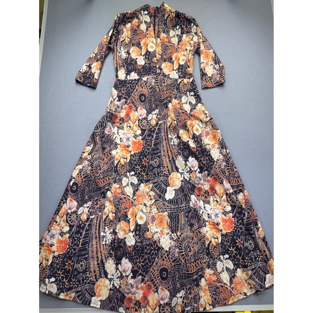 Soft Surroundings Floral Medallion Maxi Dress XS Black Orange 3/4 Sleeve 2EN19